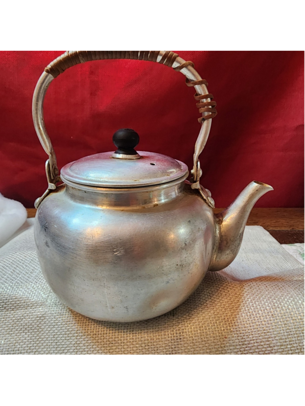 Vintage Aluminum Tea Kettle Rattan Handle Small Rustic Kitchen Decor